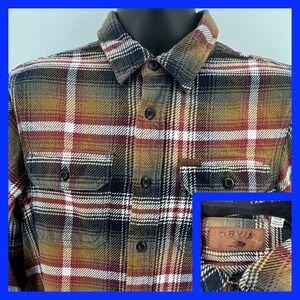 Orvis Mens Flannel Red/Tan‎ Plaid Button Up Side Pockets Soft/Heavy Size Small
